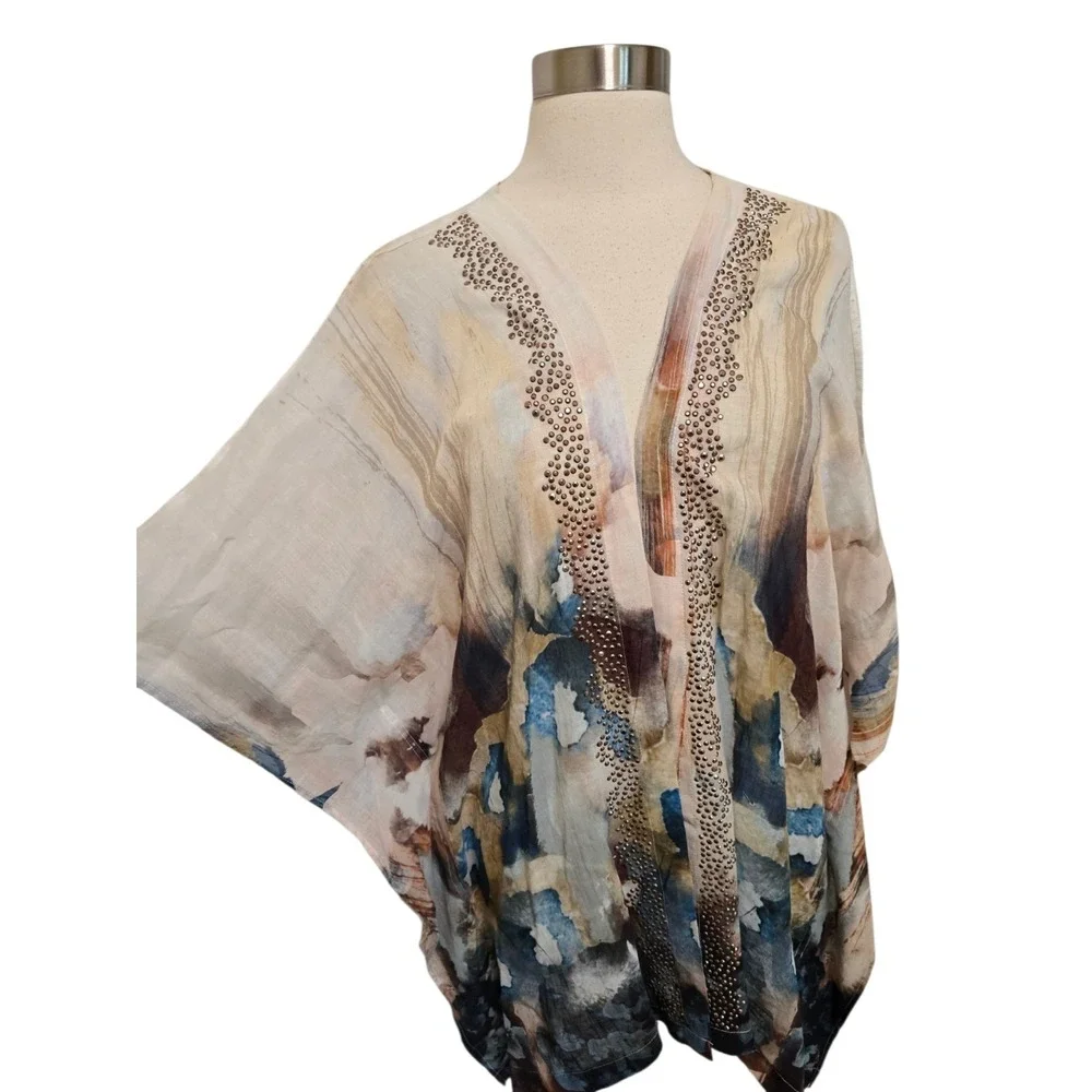 Soft Surroundings Womens Kimono Style Cardigan One Size Watercolor Linen Blend - Picture 3 of 8